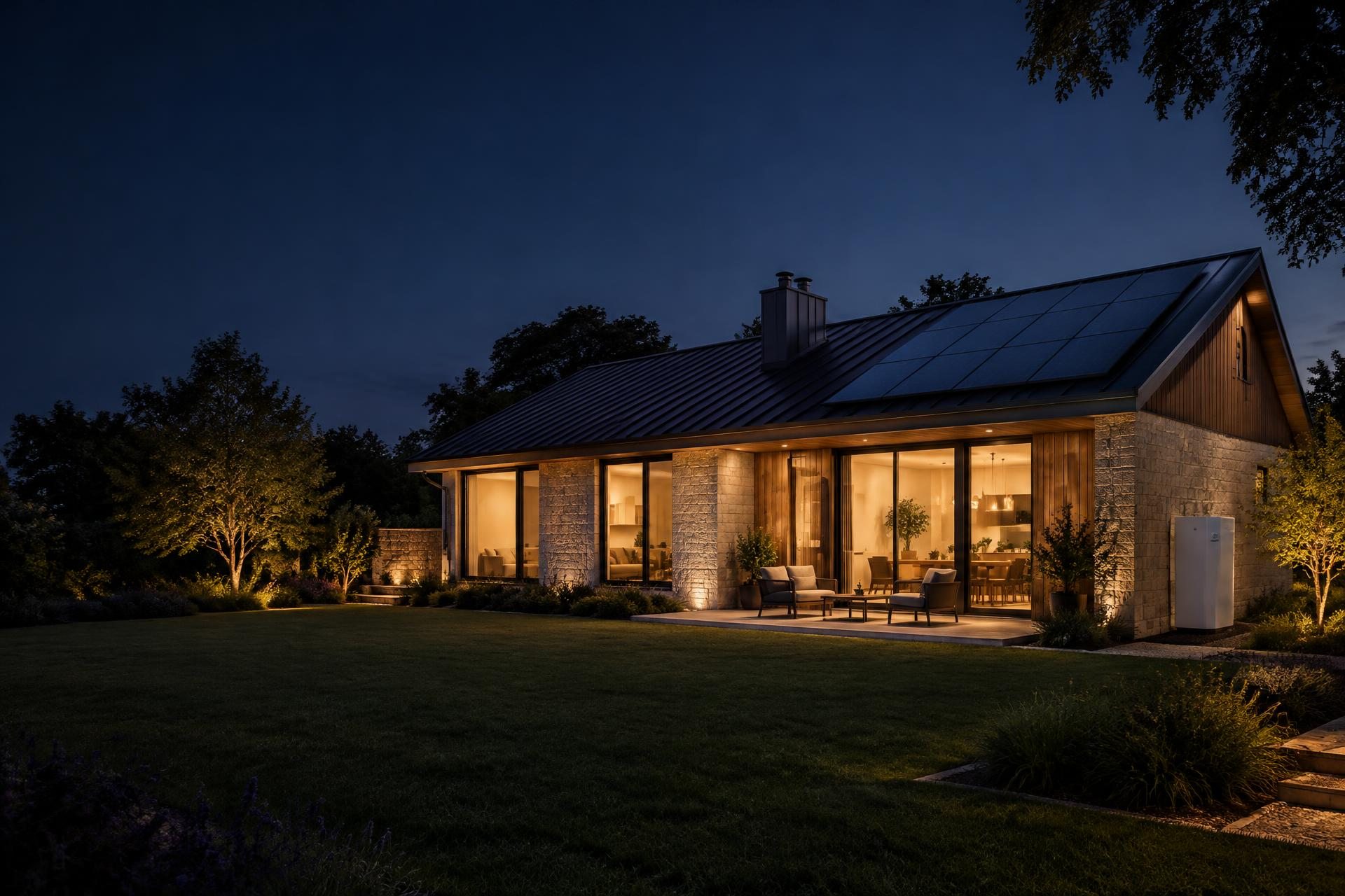 Conceptual solar-equipped home with warm interior lights at dusk
